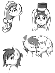 Size: 1500x2000 | Tagged: safe, artist:daromius, derpibooru import, oc, oc only, oc:alice, oc:bowtie, oc:cipher wave, oc:lost thunder, pony, bust, female, hat, kissing, male, mare, monochrome, portrait, sketch, stallion, top hat