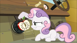 Size: 1369x770 | Tagged: safe, derpibooru import, screencap, sweetie belle, pony, unicorn, one bad apple, apple timer, evil grin, female, filly, floppy ears, foal, grin, prone, scary face, sinister, smiling