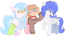 Size: 1024x571 | Tagged: safe, artist:bezziie, derpibooru import, oc, oc only, earth pony, pegasus, pony, unicorn, clothes, female, mare, scarf, simple background, socks, sweater, transparent background