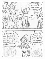 Size: 849x1100 | Tagged: safe, artist:circe, derpibooru import, applejack, pinkie pie, rainbow dash, twilight sparkle, twilight sparkle (alicorn), alicorn, anthro, unguligrade anthro, comic:soreloser, black and white, grayscale, inspector jacques clouseau, jewel, mind blown, monochrome, traditional art, vault