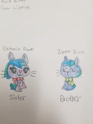 Size: 3024x4032 | Tagged: safe, artist:drypony198, derpibooru import, oc, oc:electronic flower bunny, oc:zapper bunny, barely pony related, brother and sister, clothes, cute, female, male, parent:cyan lighting, parent:rosie bunny, parents:cyanrosie, scarf, siblings, traditional art