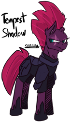 Size: 1019x1761 | Tagged: safe, artist:adilord, derpibooru import, tempest shadow, pony, unicorn, my little pony: the movie, armor, broken horn, female, green eyes, hoof shoes, horn, mare, purple skin, simple background, solo, transparent background