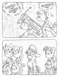 Size: 849x1100 | Tagged: safe, artist:circe, derpibooru import, applejack, pinkie pie, rainbow dash, snails, snips, twilight sparkle, twilight sparkle (alicorn), alicorn, anthro, unguligrade anthro, comic:soreloser, black and white, clock, cuckoo clock, grayscale, inspector jacques clouseau, monochrome, traditional art