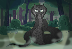 Size: 923x627 | Tagged: safe, artist:nightveil, artist:nightveilnocturne, derpibooru import, oc, oc only, oc:ebony, lamia, original species, snake pony, forest, solo