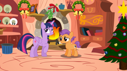 Size: 1405x789 | Tagged: safe, artist:jawsandgumballfan24, derpibooru import, tender taps, twilight sparkle, twilight sparkle (alicorn), alicorn, earth pony, pony, christmas, christmas tree, female, fireplace, golden oaks library, holiday, male, mistletoe, shipping, straight, straight shota, tree, twitaps