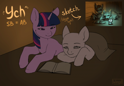 Size: 700x486 | Tagged: safe, artist:wingell, derpibooru import, twilight sparkle, oc, pony, advertisement, blanket, book, commission, sketch, your character here