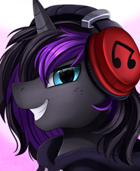 Size: 1446x1764 | Tagged: safe, artist:pridark, derpibooru import, oc, oc only, oc:purple flame, pony, unicorn, bust, clothes, commission, headphones, hoodie, male, portrait, solo