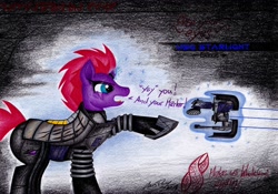 Size: 2987x2095 | Tagged: safe, artist:thechrispony, derpibooru import, tempest shadow, pony, unicorn, armor, crossover, darkness, dead space, eye scar, female, horn, magic, mare, marker (dead space), plasma cutter, scar, solo, spacesuit, sparking horn, telekinesis, text, traditional art