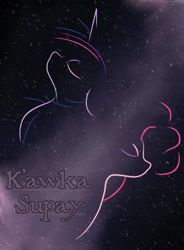 Size: 756x1027 | Tagged: safe, derpibooru import, pinkie pie, twilight sparkle, earth pony, pony, cover art, fanfic art, female, lesbian, nebula, outline, shipping, space, stars, text, twinkie