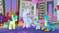 Size: 1280x720 | Tagged: safe, derpibooru import, screencap, gallus, ocellus, sandbar, silverstream, changedling, changeling, classical hippogriff, griffon, hippogriff, pony, the hearth's warming club, hearth's warming eve