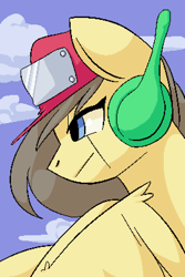 Size: 540x810 | Tagged: safe, artist:stockingshot56, derpibooru import, oc, oc only, oc:retro hearts, pegasus, pony, bust, cave story, cloud, pixel art, portrait