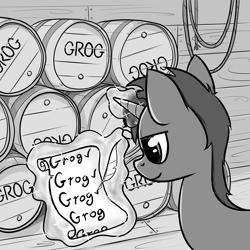 Size: 8000x8000 | Tagged: safe, artist:pbnflash, derpibooru import, oc, oc only, pony, unicorn, absurd resolution, alcohol, barrel, black and white, buck legacy, card art, grayscale, grog, monochrome, paper, parchment, pirate ship, quill, rope, solo, wooden floor, wooden walls