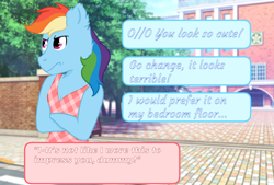 Size: 3712x2516 | Tagged: safe, artist:gr0ttie, derpibooru import, rainbow dash, anthro, clothes, dating sim, dress, female, solo, tsunderainbow, tsundere