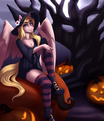 Size: 2595x3000 | Tagged: safe, artist:fairdahlia, derpibooru import, oc, oc only, oc:vee, anthro, pegasus, anthro oc, breasts, cleavage, clothes, commission, female, halloween, hat, high res, holiday, jack-o-lantern, lipstick, looking at you, mare, pumpkin, shoes, sitting, socks, solo, striped socks, thigh highs, witch, witch costume, witch hat, ych result