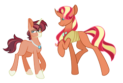 Size: 1924x1292 | Tagged: safe, artist:andy-hazards, derpibooru import, oc, oc only, changedling, changeling, changepony, hybrid, pony, unicorn, blank flank, blaze (coat marking), changedling oc, changeling oc, crack ship offspring, duo, interspecies offspring, jewelry, necklace, offspring, parent:pharynx, parent:rarity, parent:sunburst, parent:sunset shimmer, parents:pharynxshimmer, parents:rariburst, raised hoof, simple background, socks (coat marking), transparent background