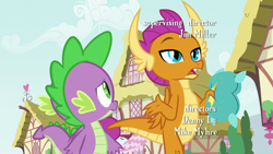 Size: 1280x720 | Tagged: safe, derpibooru import, screencap, smolder, spike, dragon, father knows beast, dragoness, duo, female, male, pillow, throw pillow, winged spike, wings