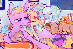 Size: 888x600 | Tagged: safe, artist:clovercoin, derpibooru import, oc, oc:amber, oc:bunzie, oc:butter bae, oc:cherish, oc:kaleidoscope, oc:starcrossed, oc:zippity, original species, pony, cloverly ponies, pillowings