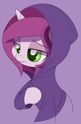 Size: 2000x3044 | Tagged: safe, artist:esfelt, derpibooru import, oc, oc only, oc:lilac prose, pony, unicorn, clothes, female, hoodie, lidded eyes, mare, purple background, raised hoof, sad, simple background, solo