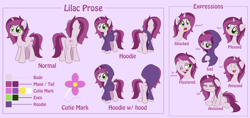 Size: 7442x3508 | Tagged: safe, artist:esfelt, derpibooru import, oc, oc only, oc:lilac prose, pony, unicorn, blushing, clothes, expressions, eyes closed, female, floppy ears, hoodie, lidded eyes, mare, open mouth, raised hoof, reference sheet, sad, sitting, smiling, solo, unamused