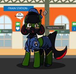 Size: 1000x970 | Tagged: safe, artist:n-o-n, derpibooru import, pony, clothes, hat, lipstick, makeup, red lipstick, shirt, side slit, skirt, tchoo tchoo, train pony, train station, tube skirt, uniform, wtf