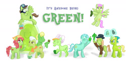 Size: 1800x900 | Tagged: safe, artist:pacificgreen, derpibooru import, auntie applesauce, bittersweet (character), douglas spruce, evergreen, granny smith, lyra heartstrings, merry may, smooze, tree hugger, wensley, yuma spurs, earth pony, pegasus, pony, unicorn, apple, avocado, cucumber, food, fruit, green apple, kiwi, kiwi fruit