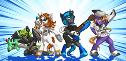 Size: 1013x491 | Tagged: safe, artist:trojan-pony, derpibooru import, pony, semi-anthro, bipedal, commission, console ponies, dreamcast, gamecube, guitar hero, playstation 2, ponified, rhythm game, xbox