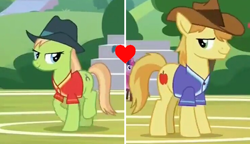 Size: 736x424 | Tagged: safe, derpibooru import, edit, edited screencap, screencap, braeburn, yuma spurs, earth pony, pony, the end in friend, apple family member, background pony, braespurs, crack shipping, female, lidded eyes, male, mare, shipping, shipping domino, stallion, straight