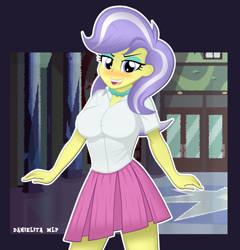 Size: 2103x2193 | Tagged: dead source, safe, artist:danielitamlp, derpibooru import, upper crust, equestria girls, friendship games, blushing, clothes, crystal prep academy, female, open mouth, pleated skirt, skirt, solo