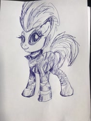 Size: 960x1280 | Tagged: safe, anonymous artist, derpibooru import, scootaloo, pony, the show stoppers, ballpoint pen, clothes, female, filly, monochrome, show stopper outfits, solo, traditional art