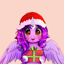 Size: 3800x3800 | Tagged: safe, artist:miokomata, derpibooru import, oc, oc only, oc:dazzling talents, alicorn, pony, alicorn oc, blushing, box, christmas, clothes, cute, female, hat, holiday, mare, open mouth, present, santa hat, simple background, smiling, socks (coat marking), white background