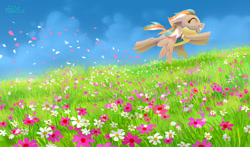 Size: 1280x754 | Tagged: safe, artist:holivi, derpibooru import, oc, oc only, pegasus, pony, clothes, cloud, commission, digital art, eyes closed, female, floppy ears, flower, flower field, flying, grass, happy, mare, signature, sky, smiling, solo, spread wings, uniform, wings, wonderbolt trainee uniform