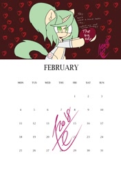 Size: 594x842 | Tagged: safe, artist:exxie, derpibooru import, oc, oc only, oc:tezla, birthday art, calendar, confused, february, heart, simple background, talking to herself