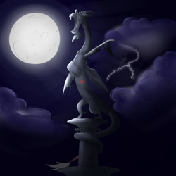 Size: 3000x3000 | Tagged: safe, artist:moonatik, derpibooru import, discord, draconequus, awakening, cloud, horn, lightning, moon, moonlight, night, paws, solo, statue, statue discord, tail, talons, wings