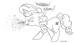 Size: 9520x5469 | Tagged: safe, artist:silverwing, derpibooru import, sugar belle, absurd resolution, female, fetish, messy, monochrome, mucus, nostril flare, nostrils, profile, sketch, sneeze cloud, sneeze spray, sneezing, sneezing fetish, snot, spit