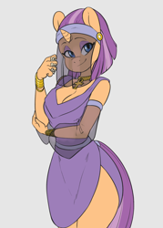 Size: 1400x1950 | Tagged: safe, artist:skecchiart, derpibooru import, oc, oc only, oc:oasis shade, anthro, unicorn, ankh, anthro oc, breasts, cleavage, clothes, dice, ear piercing, earring, egyptian, egyptian pony, female, gray background, headband, jewelry, mare, necklace, piercing, robe, side slit, simple background, solo, veil
