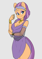 Size: 1400x1950 | Tagged: safe, artist:skecchiart, derpibooru import, oc, oc only, oc:oasis shade, anthro, unicorn, ankh, anthro oc, breasts, cleavage, clothes, dice, ear piercing, earring, egyptian, egyptian pony, female, headband, jewelry, mare, necklace, piercing, robe, side slit, solo