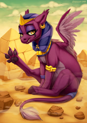 Size: 1920x2716 | Tagged: safe, artist:hattiezazu, derpibooru import, sphinx (character), sphinx, behaving like a cat, bracelet, ear piercing, earring, female, headdress, jewelry, kitty sphinx, lidded eyes, paw pads, paws, piercing, raised leg, sitting, solo, splayed toes, underpaw