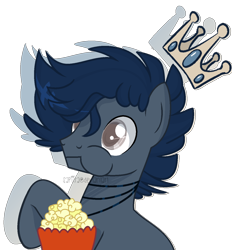 Size: 1300x1400 | Tagged: safe, artist:sapiira, derpibooru import, oc, pony, crown, food, jewelry, male, popcorn, regalia, simple background, solo, stallion, transparent background