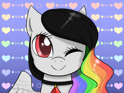 Size: 2000x1500 | Tagged: safe, artist:jagga-chan, derpibooru import, oc, oc:neon scribbles, pegasus, pony, bust, female, mare, one eye closed, portrait, solo, wink