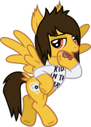 Size: 949x1326 | Tagged: safe, artist:lightningbolt, derpibooru exclusive, derpibooru import, pegasus, pony, .svg available, alex gaskarth, all time low, butt fluff, cheek fluff, clothes, ear fluff, flying, hoof fluff, hoof on hip, lidded eyes, looking at you, male, open mouth, ponified, shirt, simple background, solo, spread wings, stallion, svg, tail feathers, tattoo, transparent background, vector, wing fluff, wings