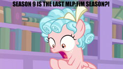 Size: 1280x720 | Tagged: safe, derpibooru import, edit, edited screencap, screencap, cozy glow, pegasus, pony, what lies beneath, book, bookshelf, bow, end of ponies, female, filly, graveyard of comments, image macro, implied season 9, meme, shocked, text