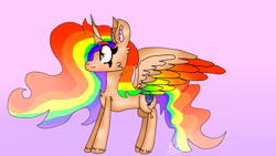 Size: 1920x1080 | Tagged: safe, artist:mlpfan2017, derpibooru import, oc, oc only, oc:princess rainbow party, alicorn, colored wings, female, gradient background, long mane, long tail, multicolored wings, pink background, rainbow hair, rainbow wings, simple background, solo, spread wings