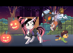 Size: 1600x1161 | Tagged: safe, artist:spookyle, derpibooru import, oc, oc:curse, oc:willow wisp, changeling, pony, unicorn, bench, clothes, costume, couple, female, filly, halloween, halloween costume, holiday, jack-o-lantern, mare, night, nightmare night, park, pumpkin