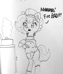 Size: 1280x1494 | Tagged: safe, artist:tjpones, derpibooru import, oc, oc only, oc:brownie bun, earth pony, pony, bipedal, female, fire, frankenstein's monster, lineart, mare, sketch, solo, traditional art