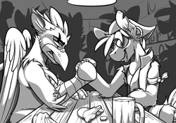 Size: 2000x1403 | Tagged: safe, artist:ralek, derpibooru import, oc, oc only, griffon, pony, alcohol, arm wrestling, bandage, beer, buck legacy, card art, clothes, coin, ear piercing, earring, eye scar, eyepatch, gritted teeth, jewelry, piercing, pirate, scar, wings