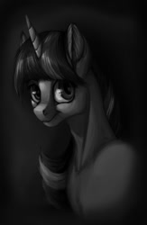 Size: 800x1224 | Tagged: safe, artist:splatterpaint-donkey, derpibooru import, twilight sparkle, pony, black and white, bust, female, grayscale, looking at you, mare, monochrome, portrait, smiling, solo