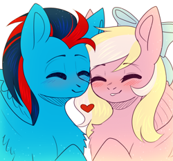 Size: 1637x1525 | Tagged: safe, artist:avrameow, derpibooru import, oc, oc only, oc:andrew swiftwing, oc:bay breeze, pegasus, pony, blushing, bow, couple, cuddling, cute, eyes closed, hair bow, heart, swiftbreeze, wings