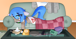 Size: 3500x1800 | Tagged: safe, artist:fullmetalpikmin, derpibooru import, oc, oc only, oc:mal, pony, blanket, clothes, cough drops, looking at you, lying down, medicine, sick, snot, sofa, solo, sweater, tissue, tissue box