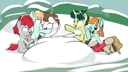 Size: 1920x1080 | Tagged: safe, artist:foal, derpibooru import, green sprout, peach fuzz, super funk, train tracks (character), pony, background pony, colt, female, filly, ginger green, gnarly burl, male, snow, snowball, snowball fight