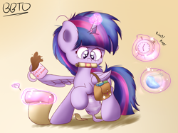 Size: 2800x2100 | Tagged: safe, artist:bronybehindthedoor, derpibooru import, twilight sparkle, twilight sparkle (alicorn), alicorn, clock, clothes, coffee, magic, mug, saddle bag, socks, solo, telekinesis